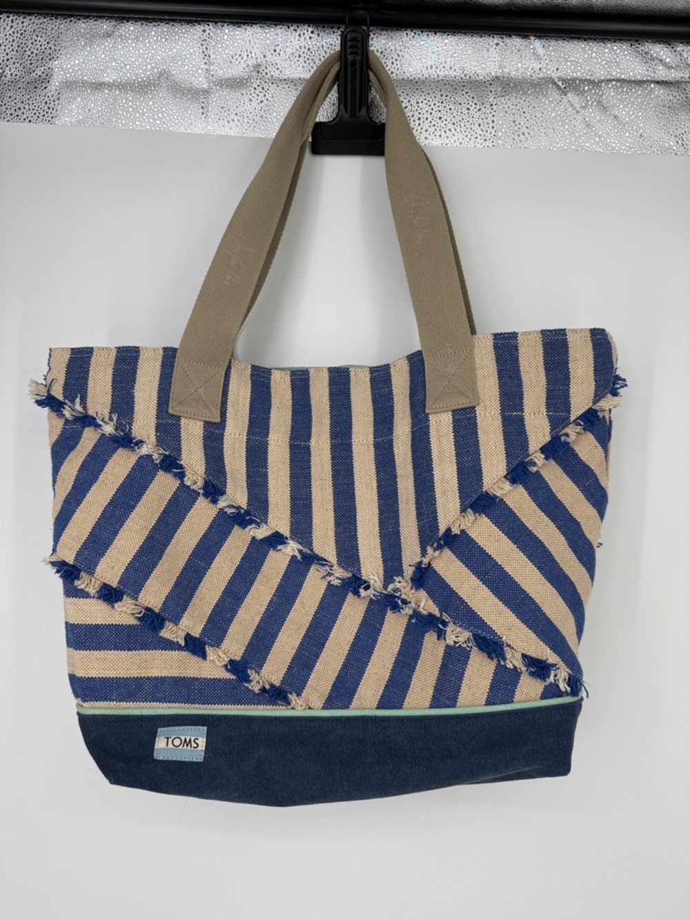 TOMS Blue and Beige Striped โLakesideโ Canvas Tote Bag